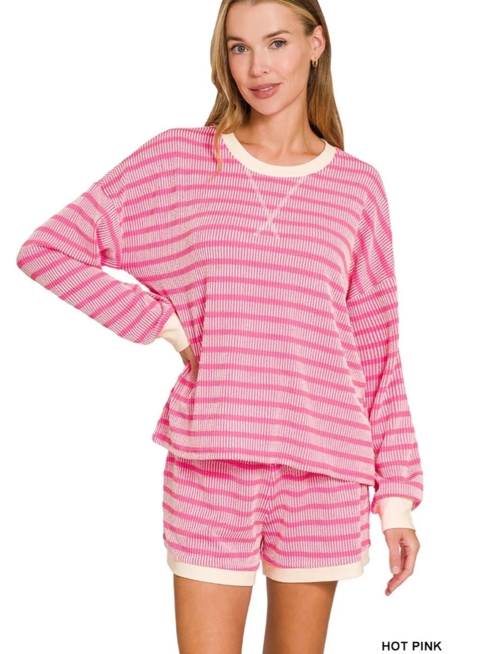 NEW Zenana Hot Pink Raised Rib Striped Pullover Shorts Set – Medium